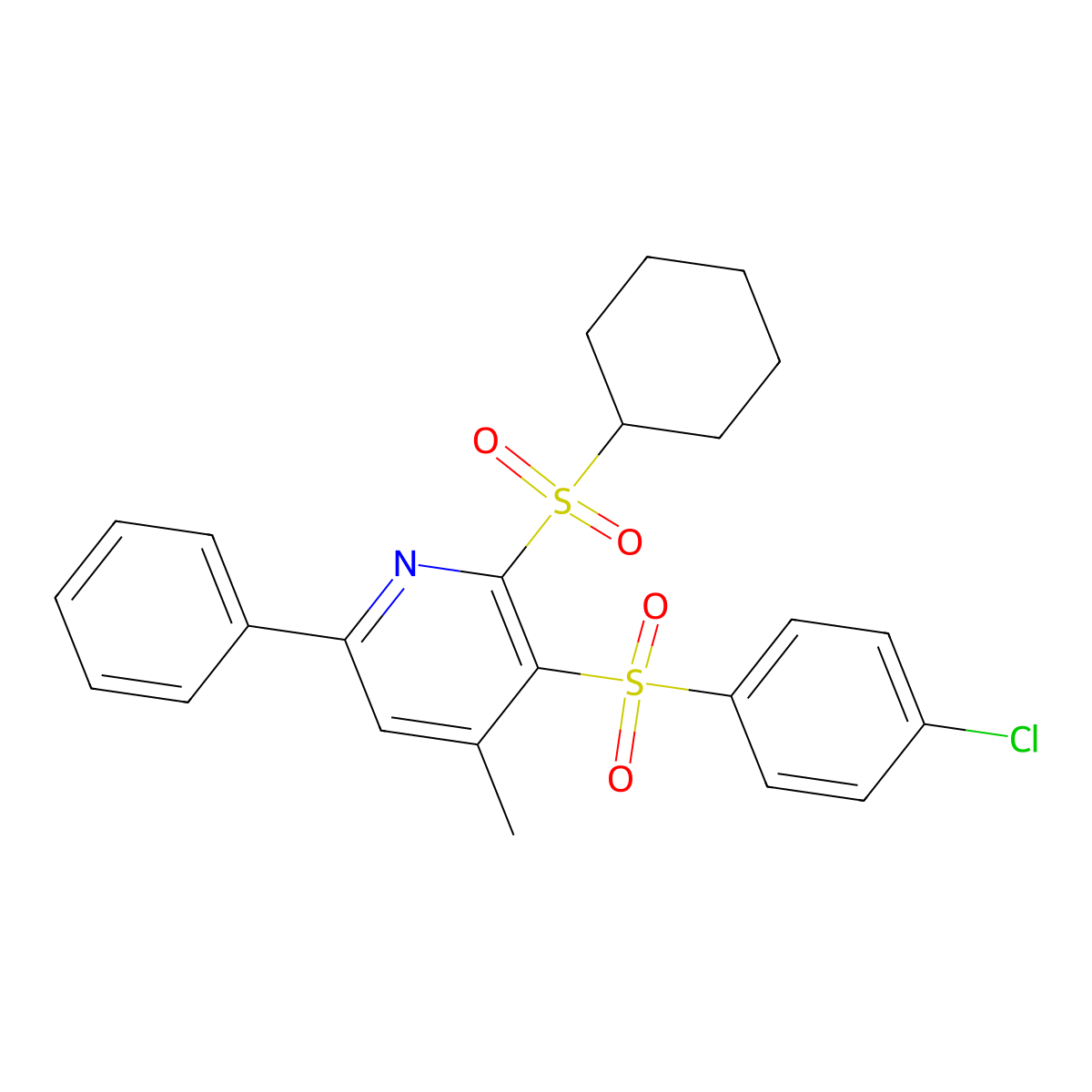4-Chlorophenyl 2-(cyclohexylsulfonyl)-4-methyl-6-phenyl-3-pyridinyl sulfone molecular structure, CAS 339103-37-6