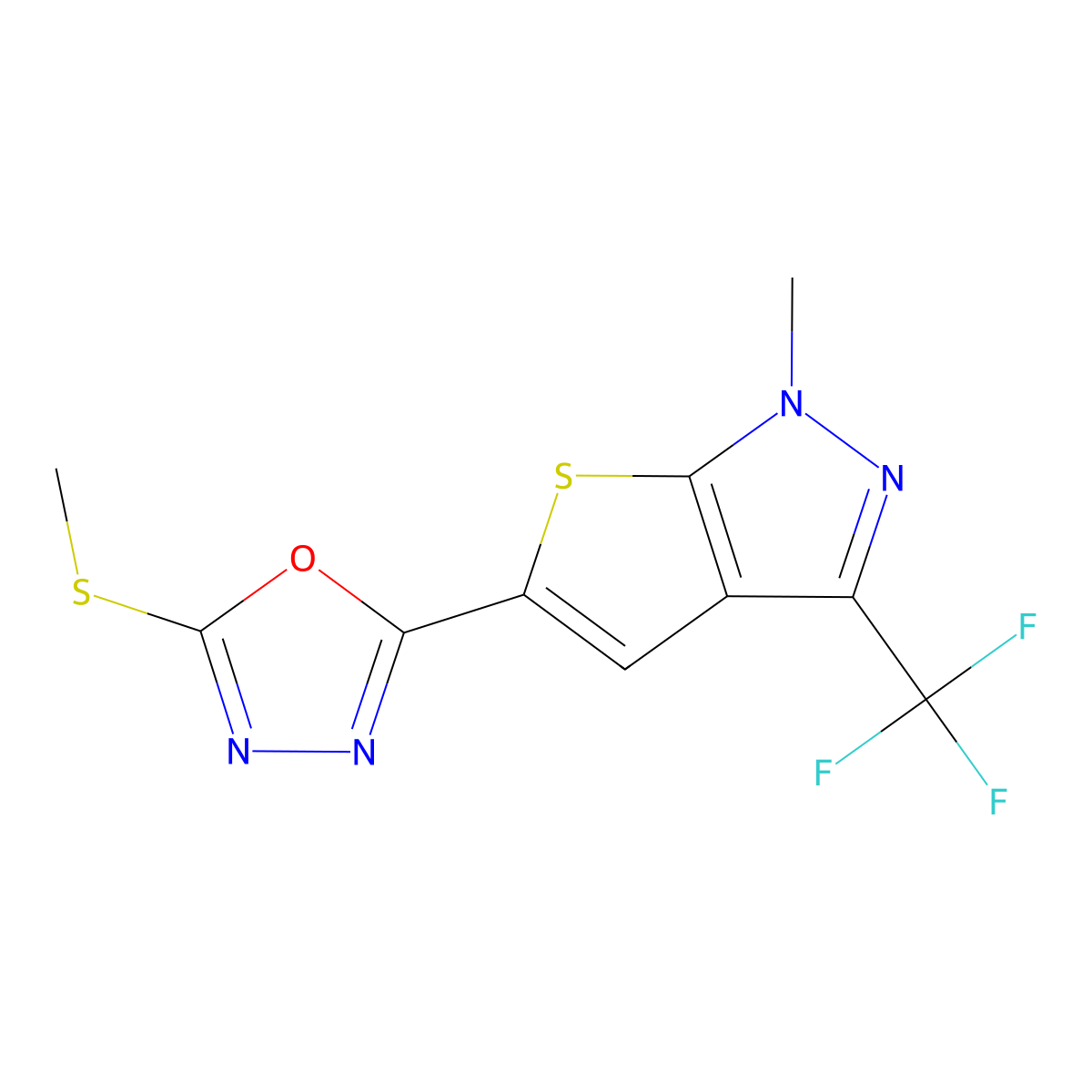 1-methyl-5-[5-(methylsulfanyl)-1,3,4-oxadiazol-2-yl]-3-(trifluoromethyl)-1H-thieno[2,3-c]pyrazole molecular structure, CAS 339103-39-8