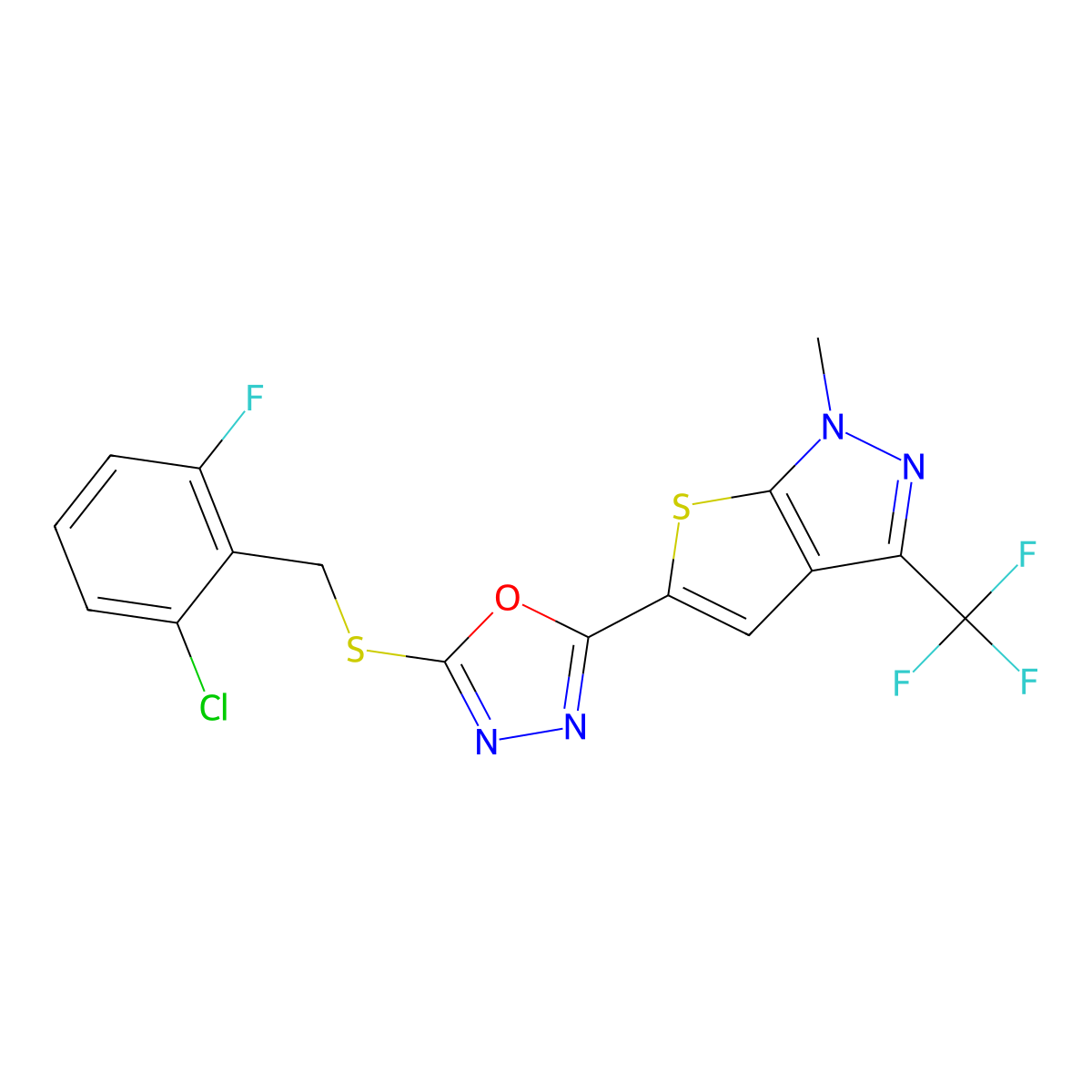 2-[(2-Chloro-6-fluorophenyl)methylsulfanyl]-5-[1-methyl-3-(trifluoromethyl)thieno[2,3-c]pyrazol-5-yl]-1,3,4-oxadiazole molecular structure, CAS 339103-41-2