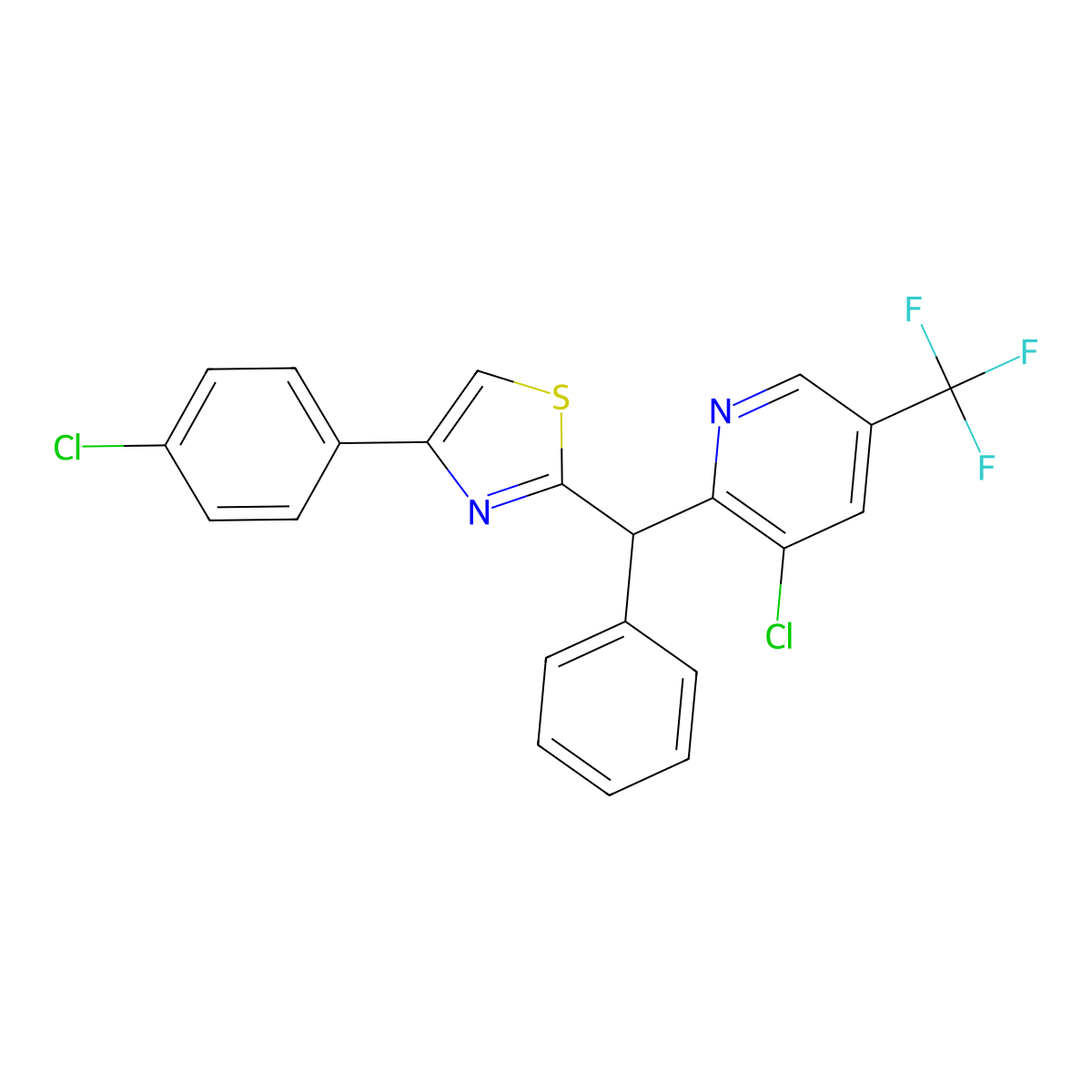 3-Chloro-2-[[4-(4-chlorophenyl)-1,3-thiazol-2-yl](phenyl)methyl]-5-(trifluoromethyl)pyridine molecular structure, CAS 339104-37-9
