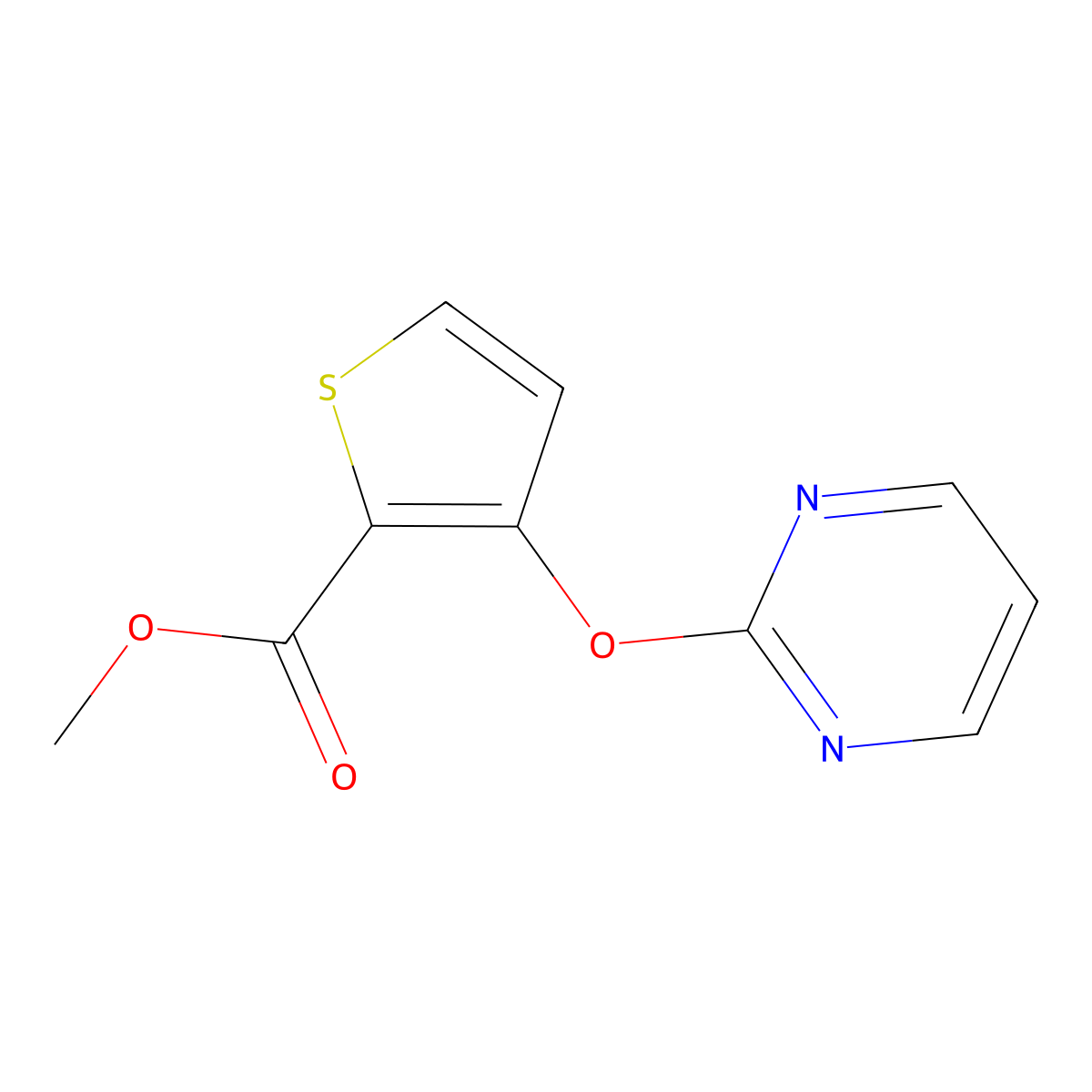 Methyl 3-(2-pyrimidinyloxy)-2-thiophenecarboxylate molecular structure, CAS 339105-43-0