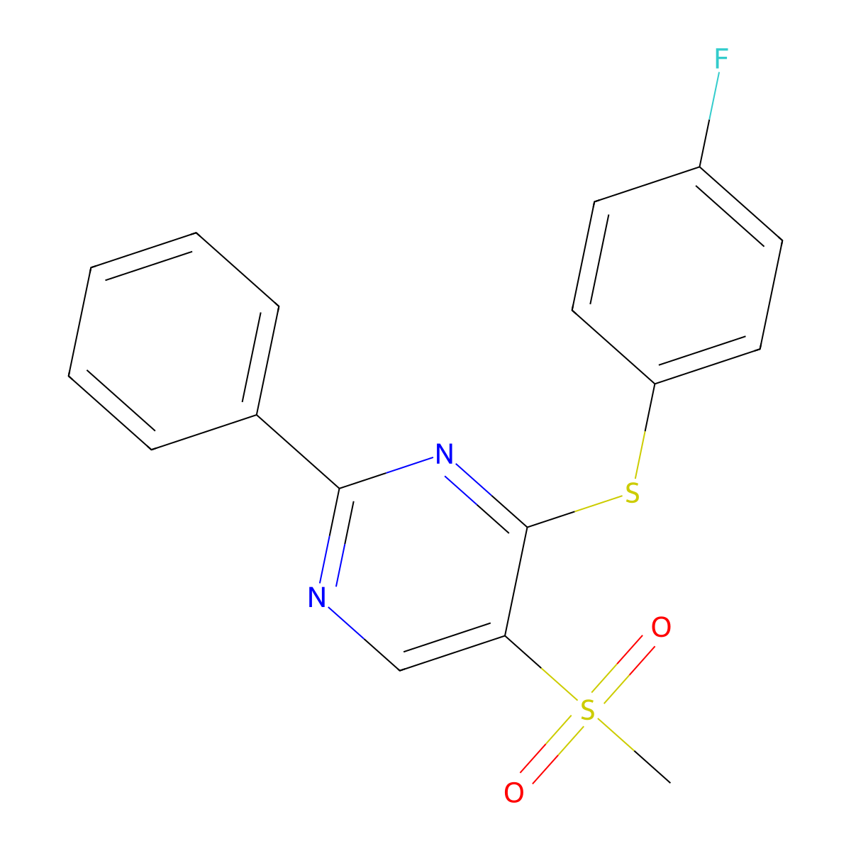 4-[(4-Fluorophenyl)sulfanyl]-2-phenyl-5-pyrimidinyl methyl sulfone molecular structure, CAS 339106-29-5