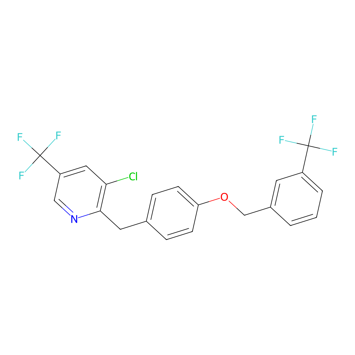 3-Chloro-5-(trifluoromethyl)-2-[(4-{[3-(trifluoromethyl)phenyl]methoxy}phenyl)methyl]pyridine molecular structure, CAS 339106-64-8