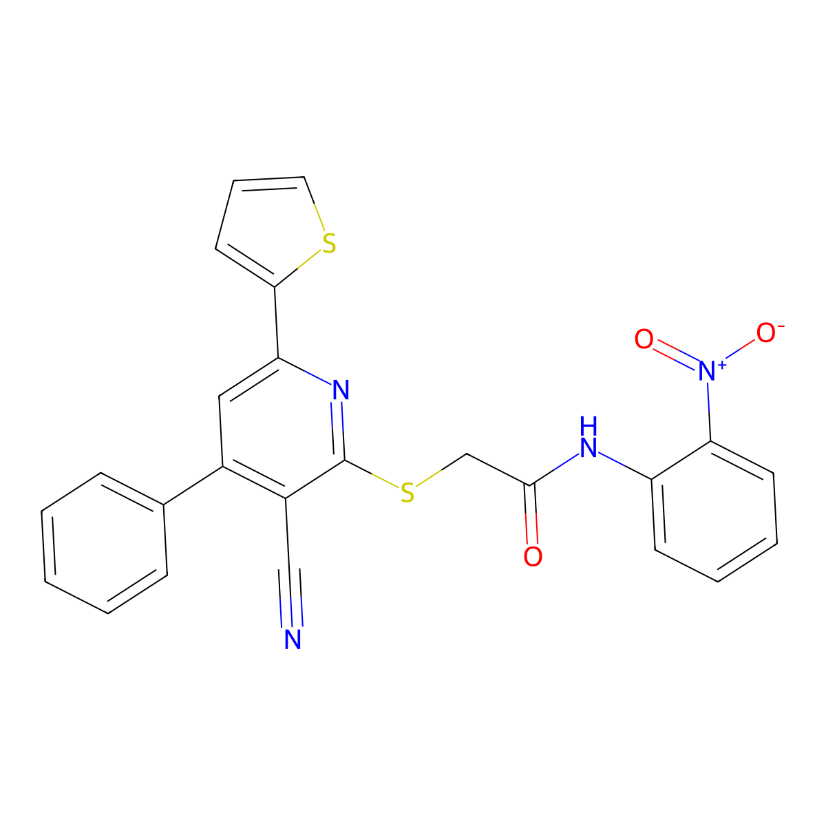 2-(3-cyano-4-phenyl-6-thiophen-2-ylpyridin-2-yl)sulfanyl-N-(2-nitrophenyl)acetamide molecular structure, CAS 339156-73-9