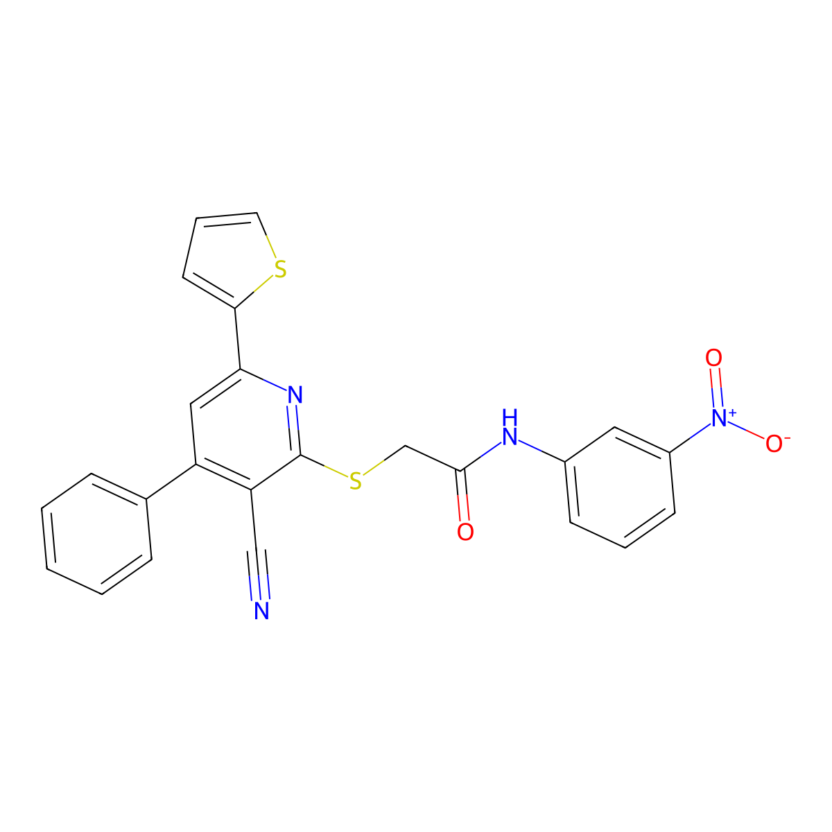2-(3-cyano-4-phenyl-6-thiophen-2-ylpyridin-2-yl)sulfanyl-N-(3-nitrophenyl)acetamide molecular structure, CAS 339156-74-0