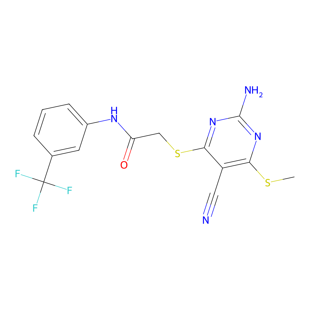 2-(2-amino-5-cyano-6-methylsulfanylpyrimidin-4-yl)sulfanyl-N-[3-(trifluoromethyl)phenyl]acetamide molecular structure, CAS 339156-77-3