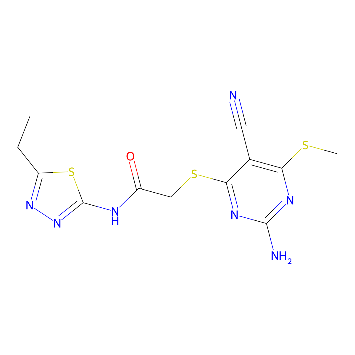 2-{[2-amino-5-cyano-6-(methylsulfanyl)pyrimidin-4-yl]sulfanyl}-N-(5-ethyl-1,3,4-thiadiazol-2-yl)acetamide molecular structure, CAS 339156-78-4