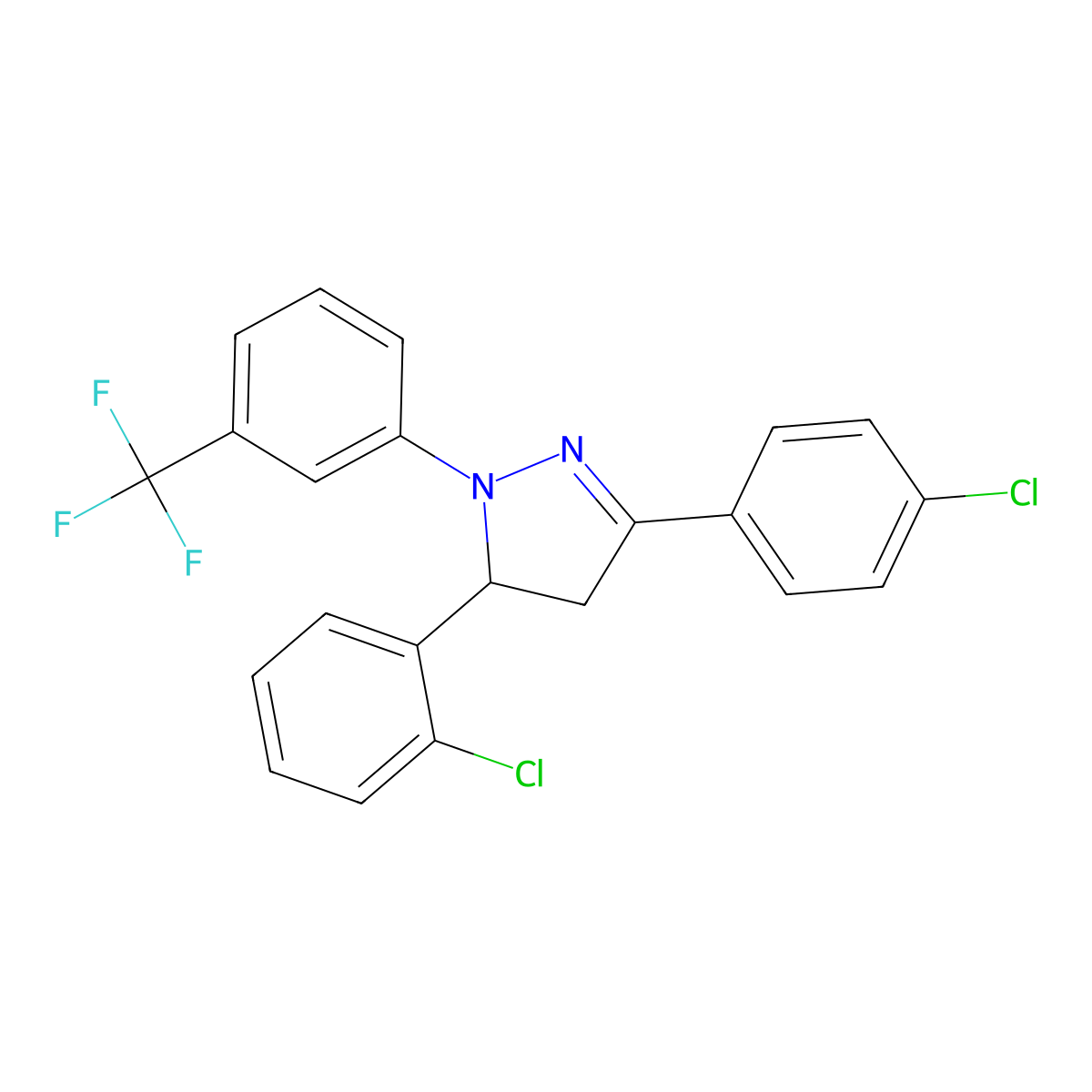 3-(2-Chlorophenyl)-5-(4-chlorophenyl)-2-[3-(trifluoromethyl)phenyl]-3,4-dihydropyrazole molecular structure, CAS 339159-64-7