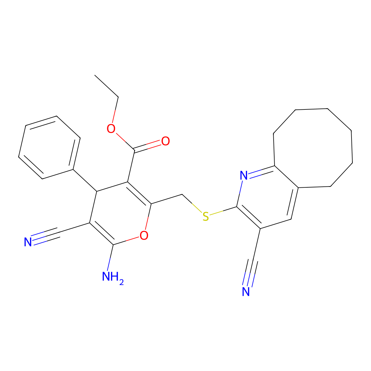 ethyl 6-amino-5-cyano-2-[(3-cyano-5,6,7,8,9,10-hexahydrocycloocta[b]pyridin-2-yl)sulfanylmethyl]-4-phenyl-4H-pyran-3-carboxylate molecular structure, CAS 339163-47-2