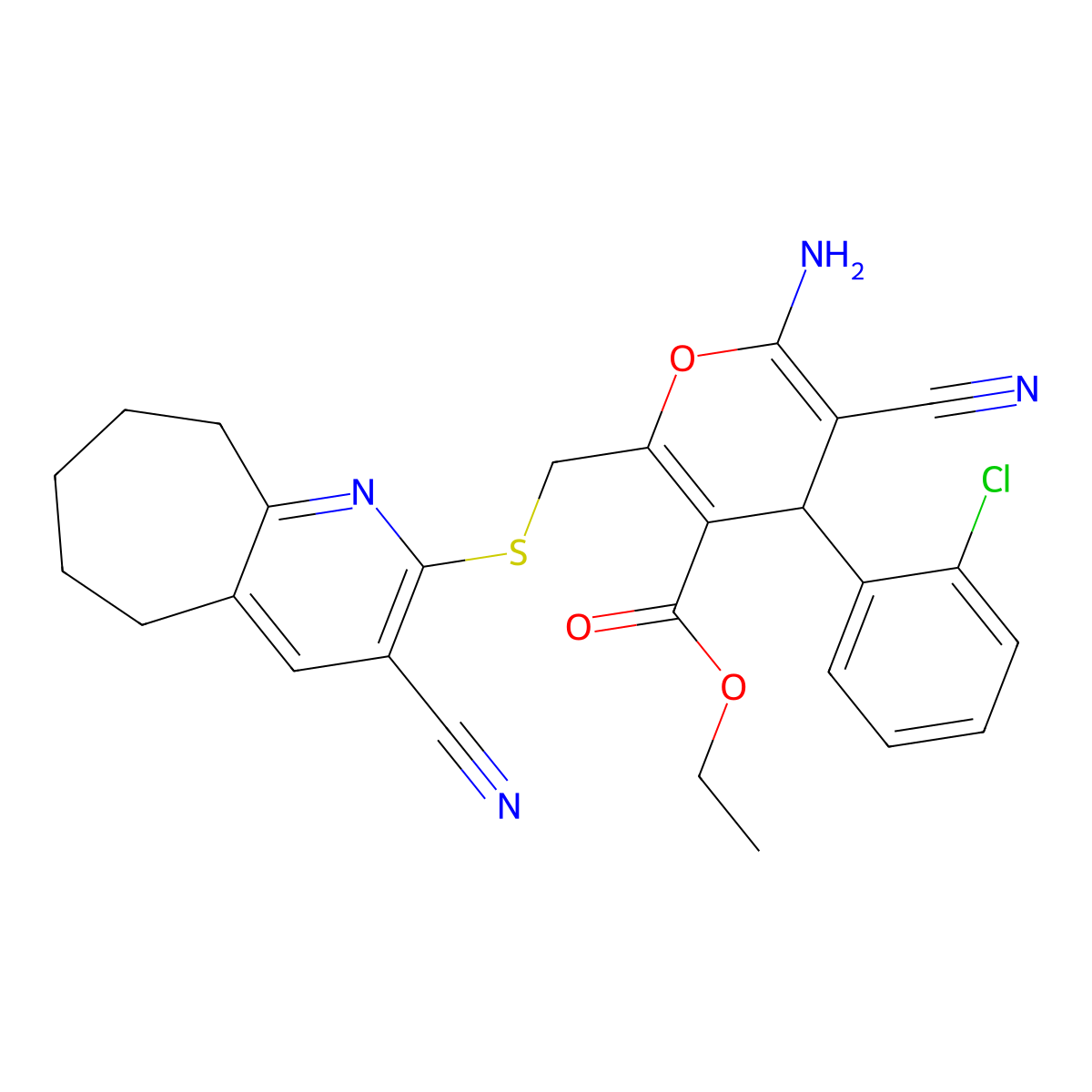 ethyl 6-amino-4-(2-chlorophenyl)-5-cyano-2-[(3-cyano-6,7,8,9-tetrahydro-5H-cyclohepta[b]pyridin-2-yl)sulfanylmethyl]-4H-pyran-3-carboxylate molecular structure, CAS 339163-48-3