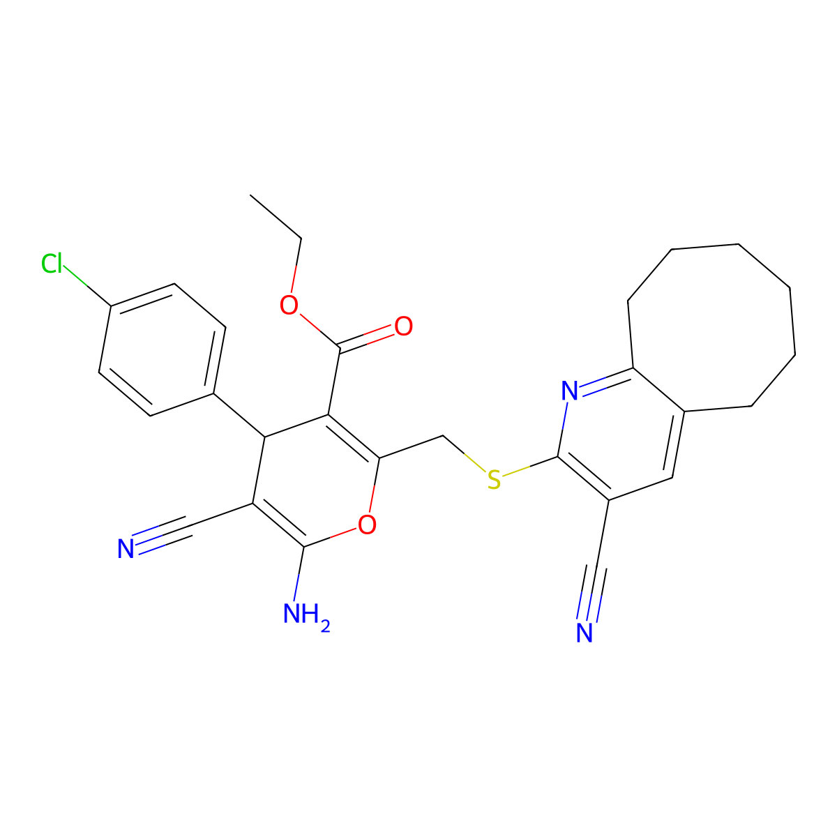 ethyl 6-amino-4-(4-chlorophenyl)-5-cyano-2-[(3-cyano-5,6,7,8,9,10-hexahydrocycloocta[b]pyridin-2-yl)sulfanylmethyl]-4H-pyran-3-carboxylate molecular structure, CAS 339163-49-4