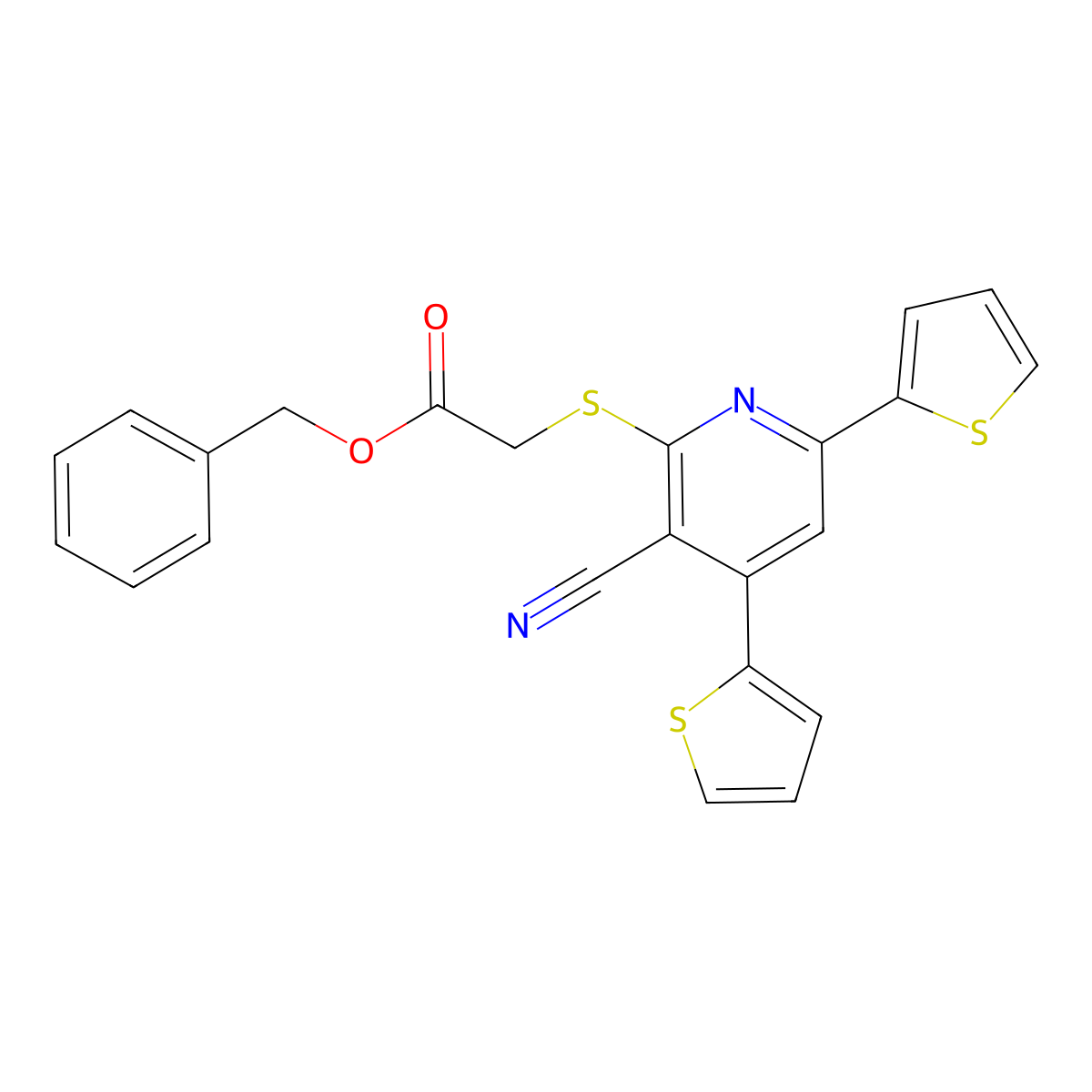 Phenylmethyl 2-[(3-cyano-4,6-di-2-thienyl-2-pyridinyl)thio]acetate molecular structure, CAS 339163-66-5