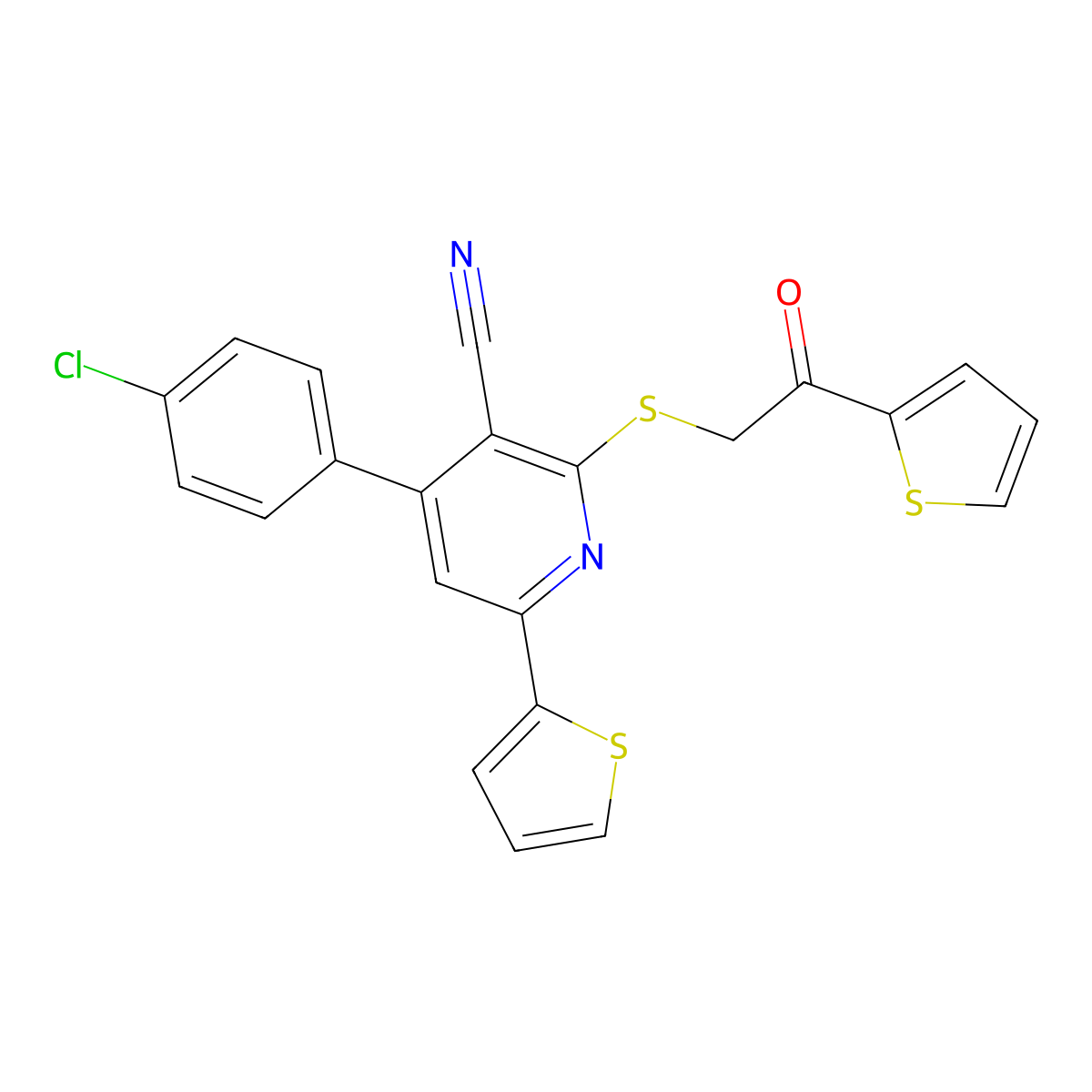 4-(4-Chlorophenyl)-2-(2-oxo-2-thiophen-2-ylethyl)sulfanyl-6-thiophen-2-ylpyridine-3-carbonitrile molecular structure, CAS 339163-75-6