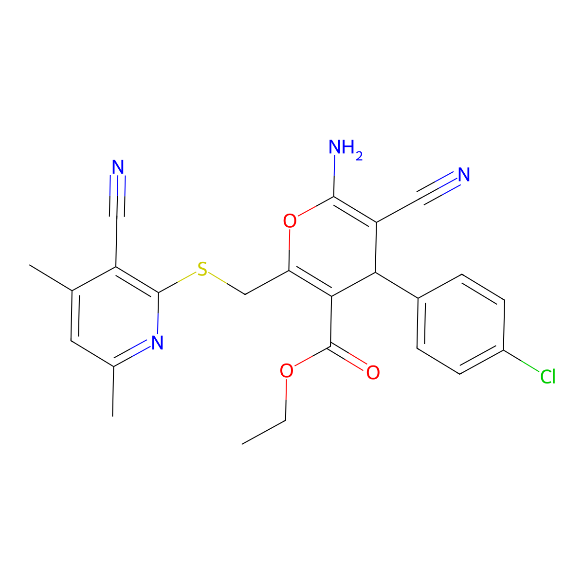 ethyl 6-amino-4-(4-chlorophenyl)-5-cyano-2-{[(3-cyano-4,6-dimethylpyridin-2-yl)sulfanyl]methyl}-4H-pyran-3-carboxylate molecular structure, CAS 339163-84-7