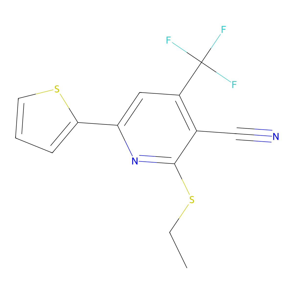 2-Ethylsulfanyl-6-thiophen-2-yl-4-(trifluoromethyl)pyridine-3-carbonitrile molecular structure, CAS 339165-66-1