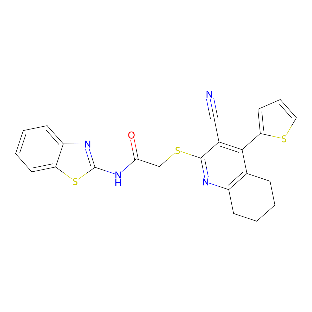 N-(1,3-benzothiazol-2-yl)-2-[(3-cyano-4-thiophen-2-yl-5,6,7,8-tetrahydroquinolin-2-yl)sulfanyl]acetamide molecular structure, CAS 339187-40-5