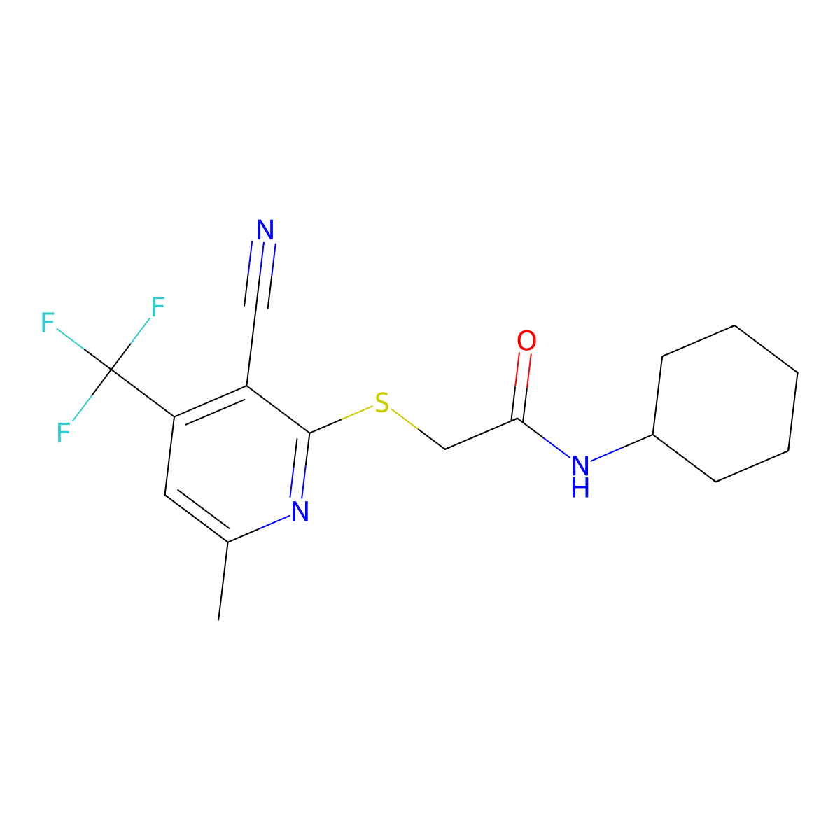 2-((3-cyano-6-methyl-4-(trifluoromethyl)pyridin-2-yl)thio)-N-cyclohexylacetamide molecular structure, CAS 339203-29-1