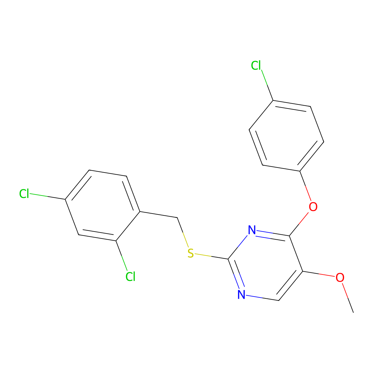 4-(4-Chlorophenoxy)-2-[(2,4-dichlorobenzyl)sulfanyl]-5-methoxypyrimidine molecular structure, CAS 339275-89-7