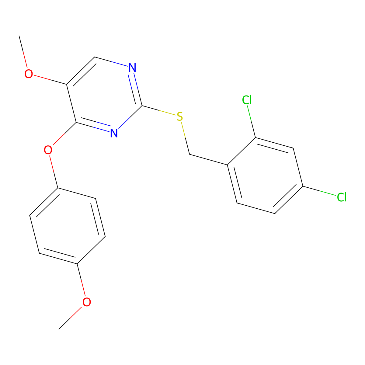 2-[(2,4-Dichlorobenzyl)sulfanyl]-5-methoxy-4-(4-methoxyphenoxy)pyrimidine molecular structure, CAS 339275-92-2