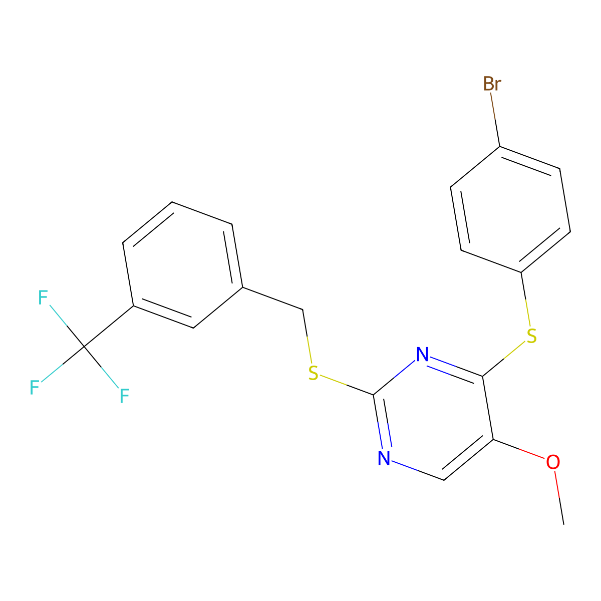 4-(4-Bromophenyl)sulfanyl-5-methoxy-2-[[3-(trifluoromethyl)phenyl]methylsulfanyl]pyrimidine molecular structure, CAS 339275-95-5