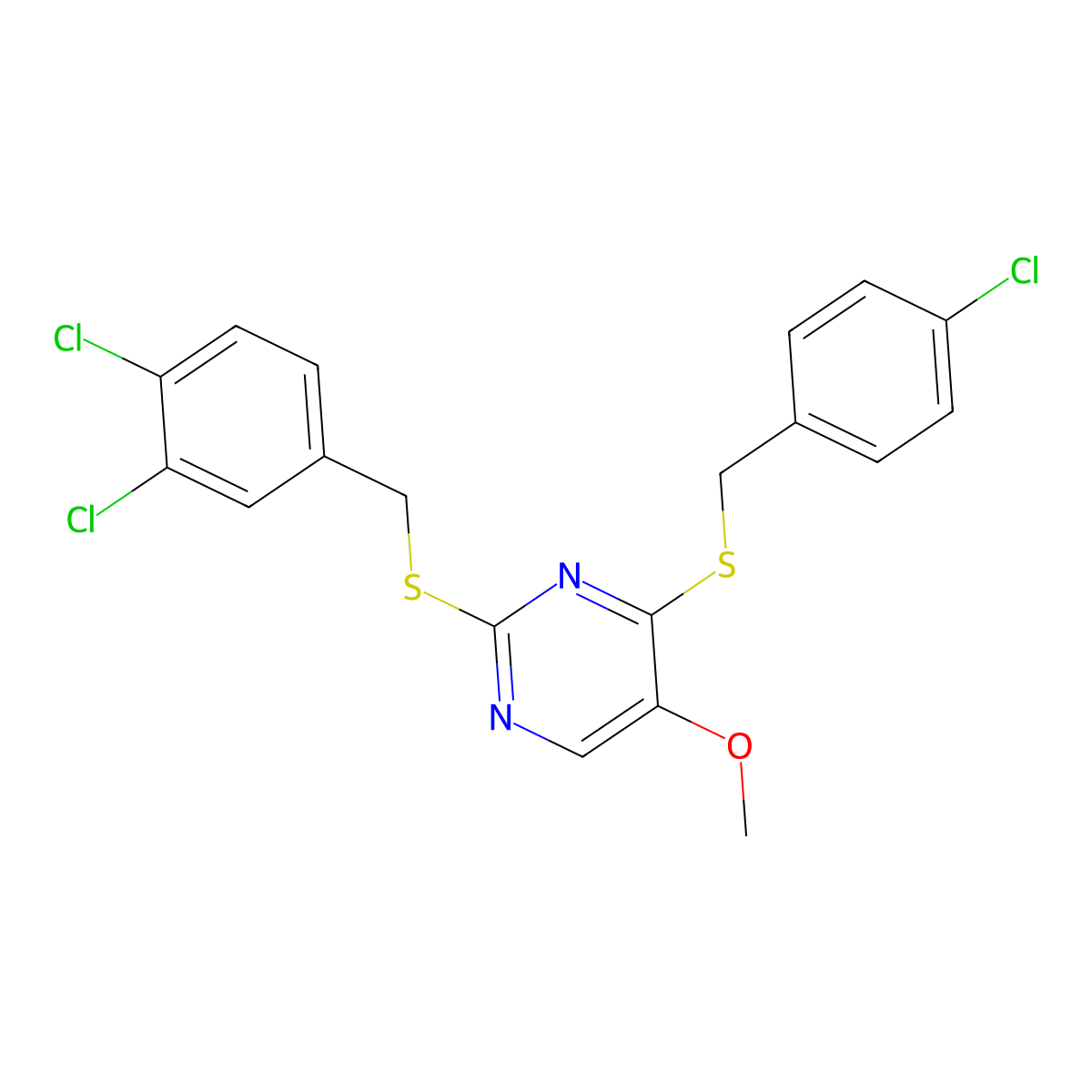 4-[(4-Chlorobenzyl)sulfanyl]-2-[(3,4-dichlorobenzyl)sulfanyl]-5-pyrimidinyl methyl ether molecular structure, CAS 339276-01-6