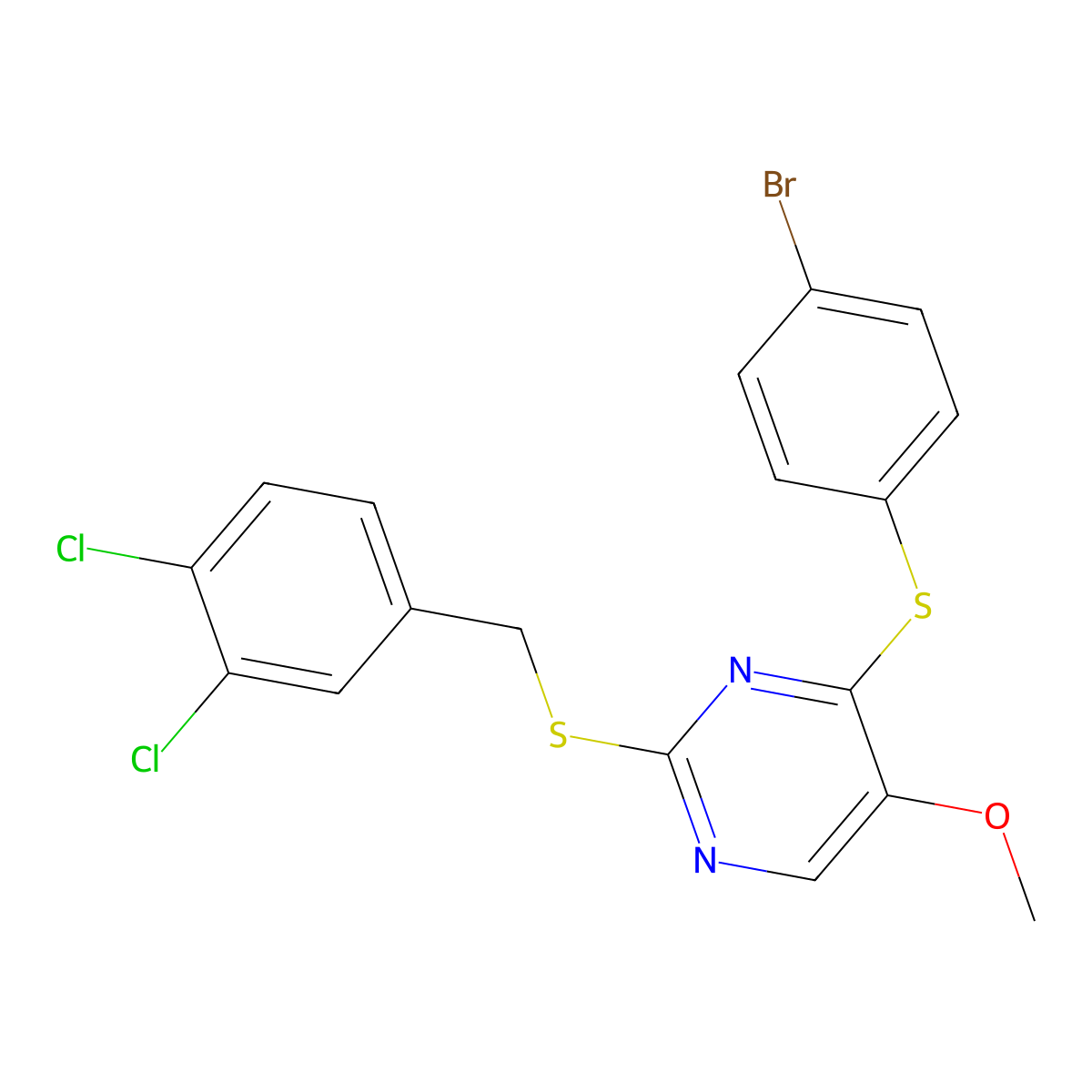 4-[(4-Bromophenyl)sulfanyl]-2-[(3,4-dichlorobenzyl)sulfanyl]-5-pyrimidinyl methyl ether molecular structure, CAS 339276-02-7