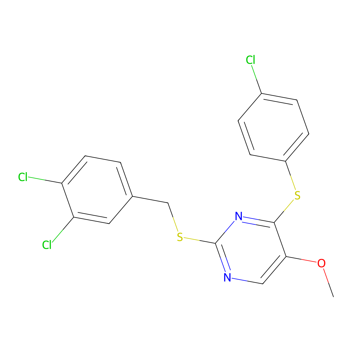 4-[(4-Chlorophenyl)sulfanyl]-2-[(3,4-dichlorobenzyl)sulfanyl]-5-pyrimidinyl methyl ether molecular structure, CAS 339276-03-8
