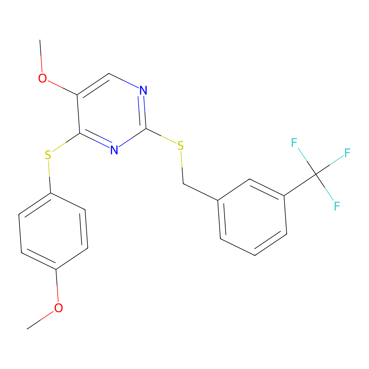 5-Methoxy-4-(4-methoxyphenyl)sulfanyl-2-[[3-(trifluoromethyl)phenyl]methylsulfanyl]pyrimidine molecular structure, CAS 339276-05-0