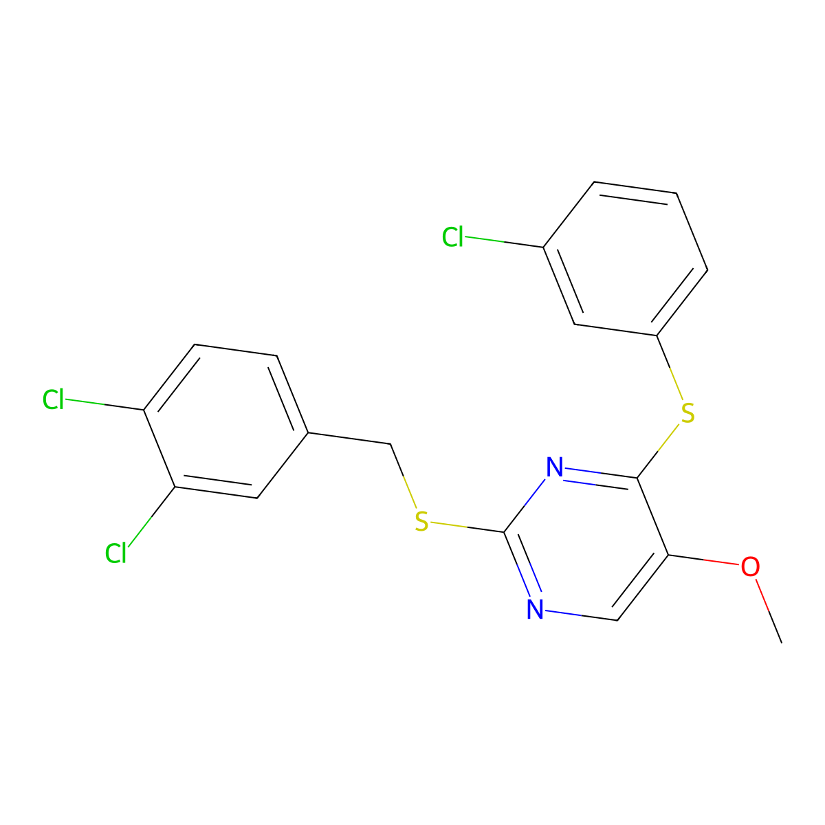 4-[(3-Chlorophenyl)sulfanyl]-2-[(3,4-dichlorobenzyl)sulfanyl]-5-pyrimidinyl methyl ether molecular structure, CAS 339276-07-2