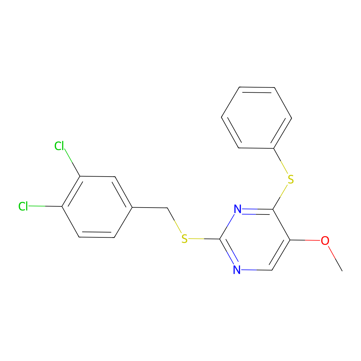 2-[(3,4-Dichlorobenzyl)sulfanyl]-5-methoxy-4-(phenylsulfanyl)pyrimidine molecular structure, CAS 339276-09-4