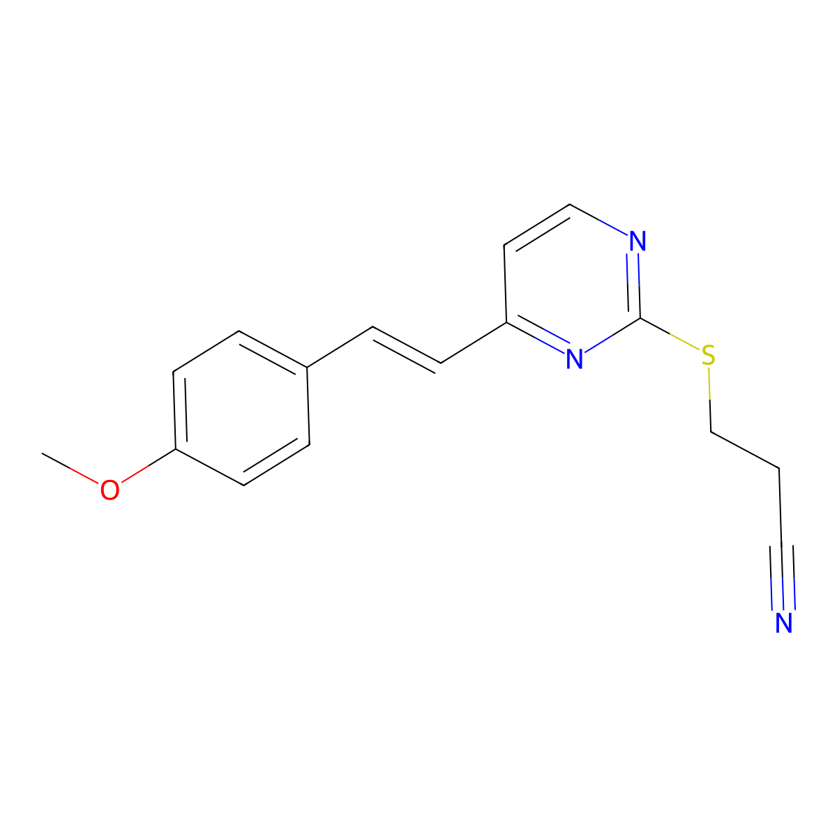 3-[4-[(E)-2-(4-methoxyphenyl)ethenyl]pyrimidin-2-yl]sulfanylpropanenitrile molecular structure, CAS 339278-41-0