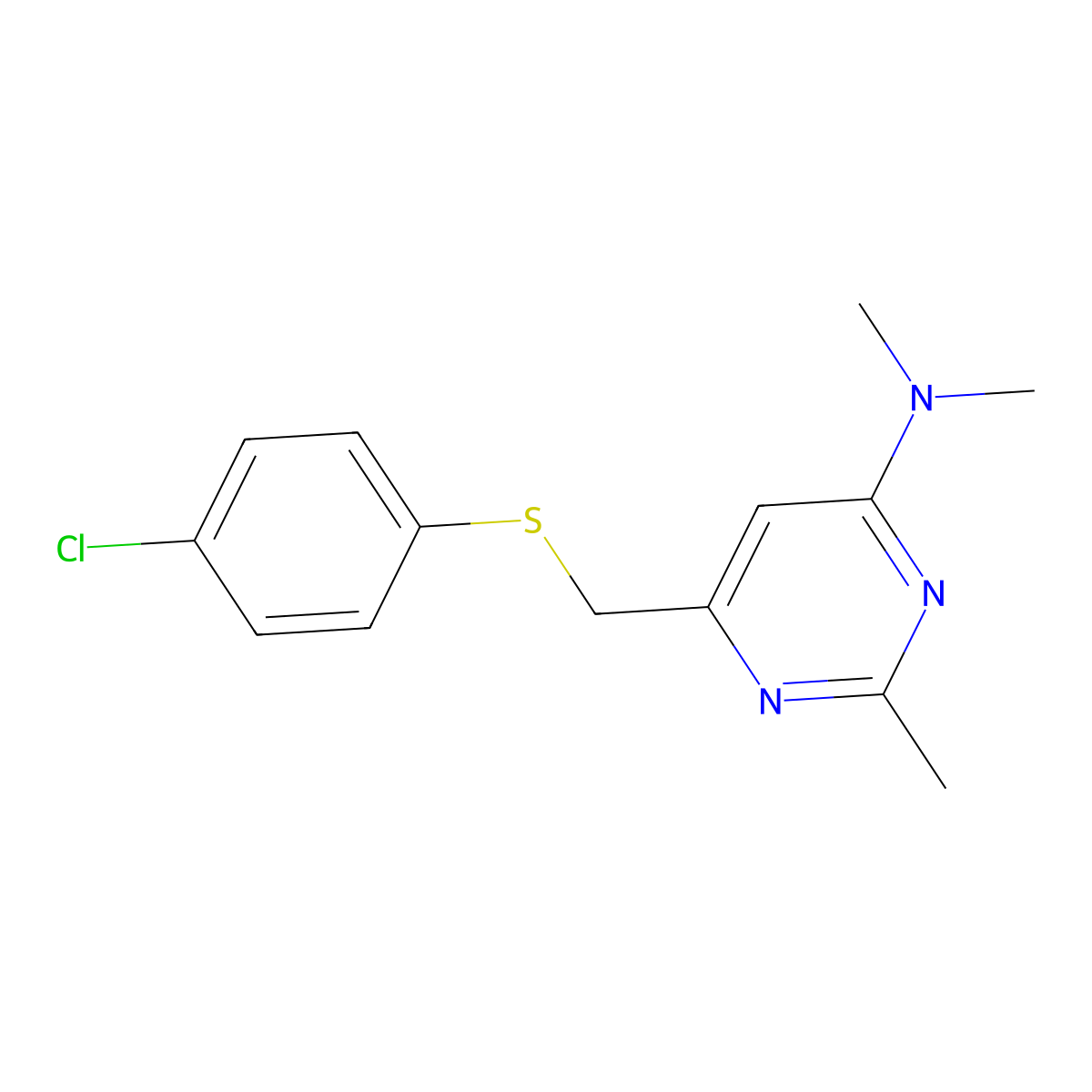 N-(6-{[(4-chlorophenyl)sulfanyl]methyl}-2-methyl-4-pyrimidinyl)-N,N-dimethylamine molecular structure, CAS 339278-69-2