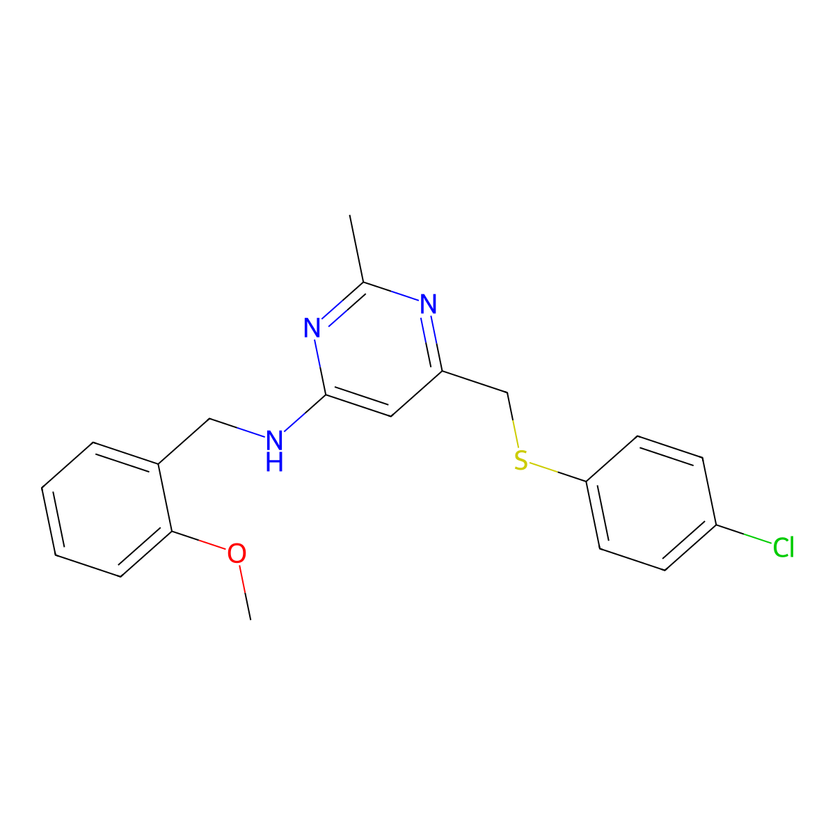 N-(6-{[(4-chlorophenyl)sulfanyl]methyl}-2-methyl-4-pyrimidinyl)-N-(2-methoxybenzyl)amine molecular structure, CAS 339278-70-5