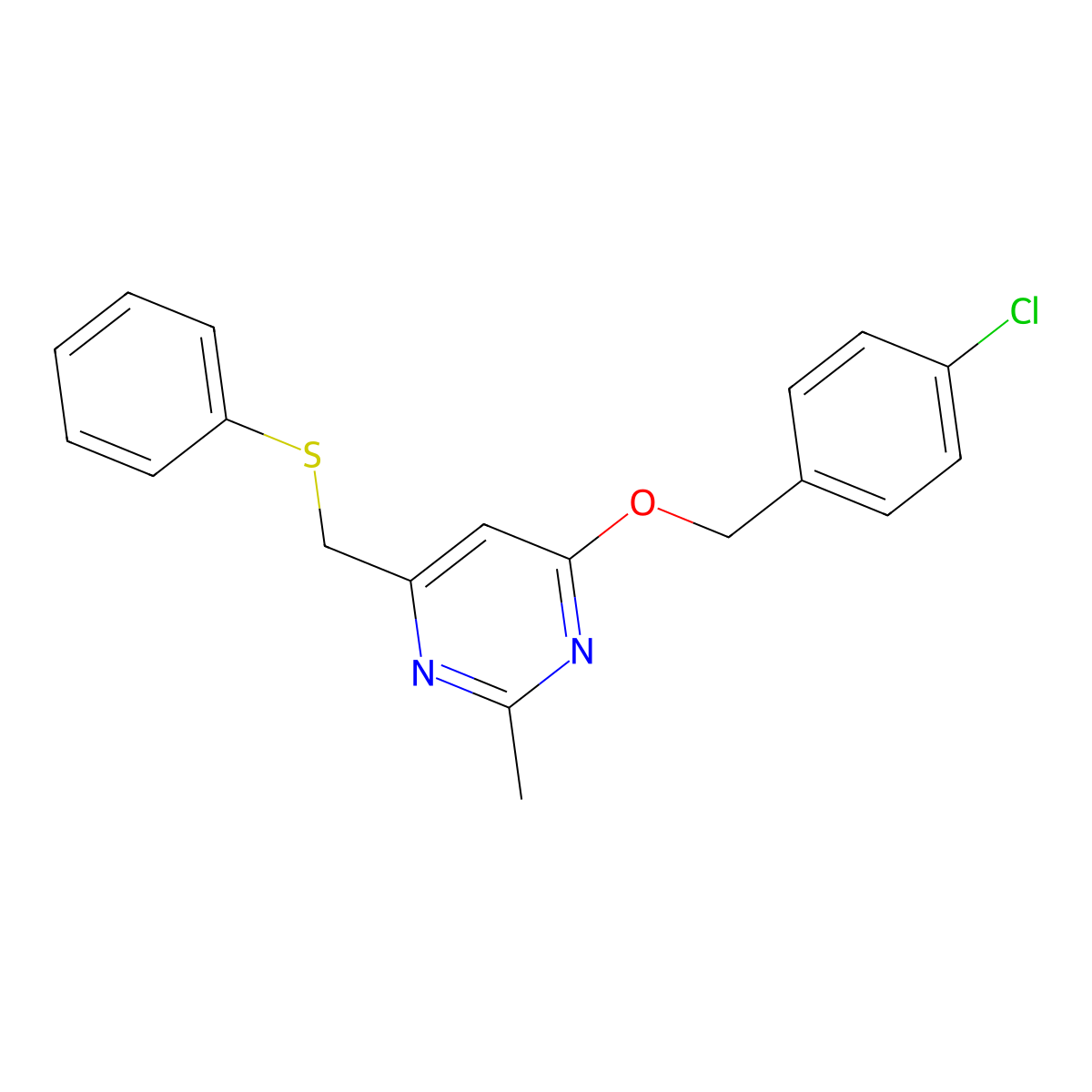 4-[(4-Chlorobenzyl)oxy]-2-methyl-6-[(phenylsulfanyl)methyl]pyrimidine molecular structure, CAS 339278-72-7