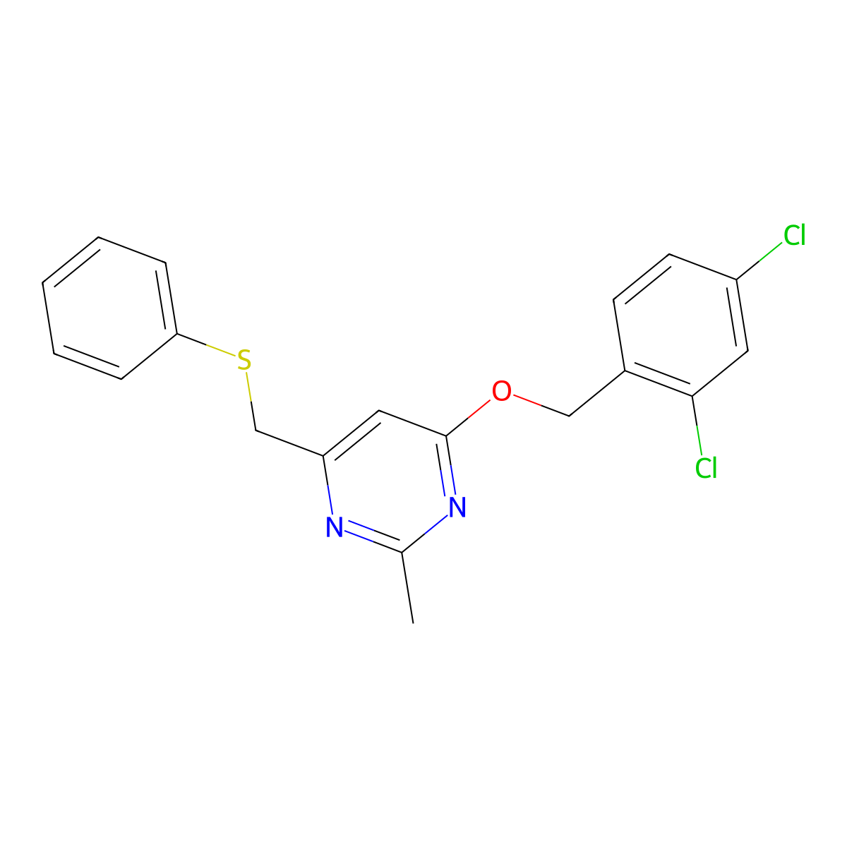 2,4-Dichlorobenzyl 2-methyl-6-[(phenylsulfanyl)methyl]-4-pyrimidinyl ether molecular structure, CAS 339278-73-8