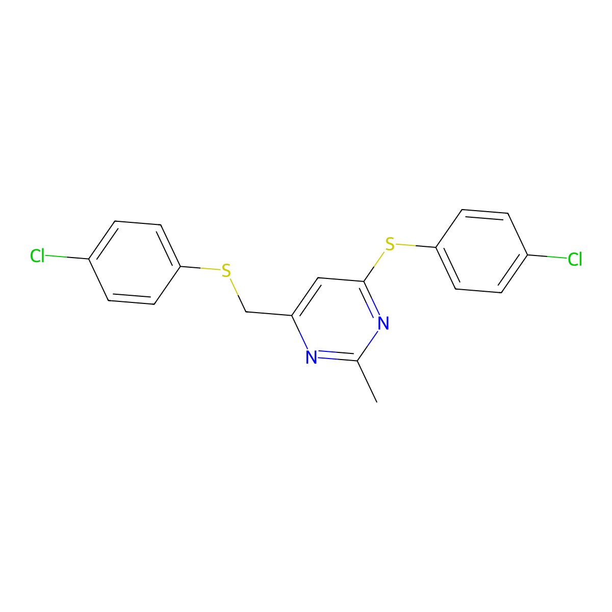 4-Chlorophenyl 6-{[(4-chlorophenyl)sulfanyl]methyl}-2-methyl-4-pyrimidinyl sulfide molecular structure, CAS 339278-78-3