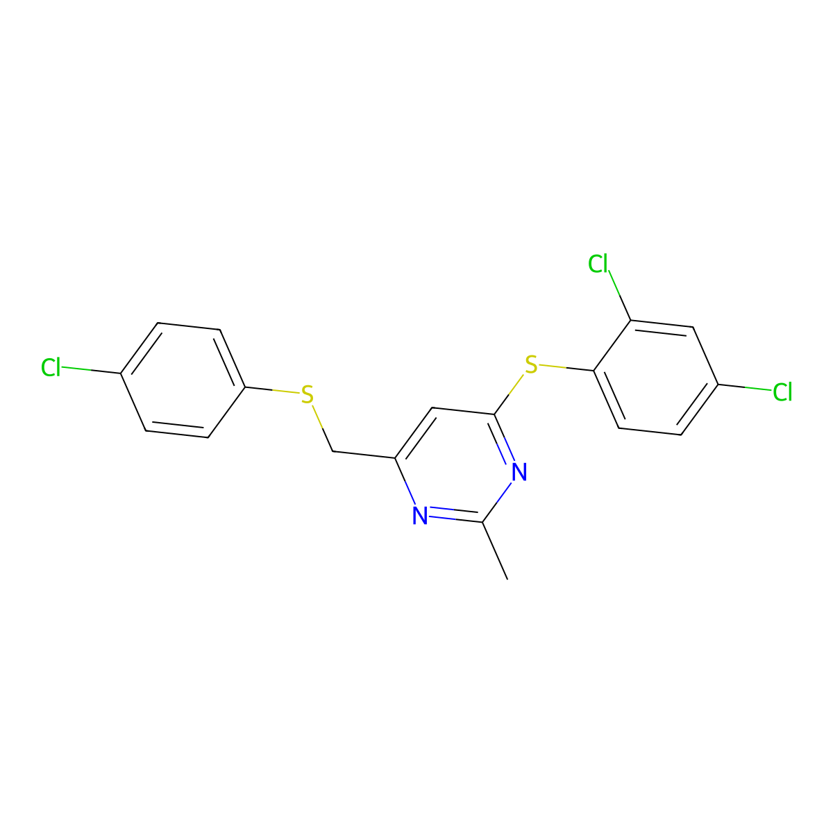 4-Chlorophenyl {6-[(2,4-dichlorophenyl)sulfanyl]-2-methyl-4-pyrimidinyl}methyl sulfide molecular structure, CAS 339278-79-4