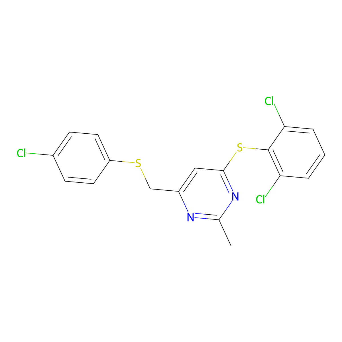 4-Chlorophenyl {6-[(2,6-dichlorophenyl)sulfanyl]-2-methyl-4-pyrimidinyl}methyl sulfide molecular structure, CAS 339278-81-8