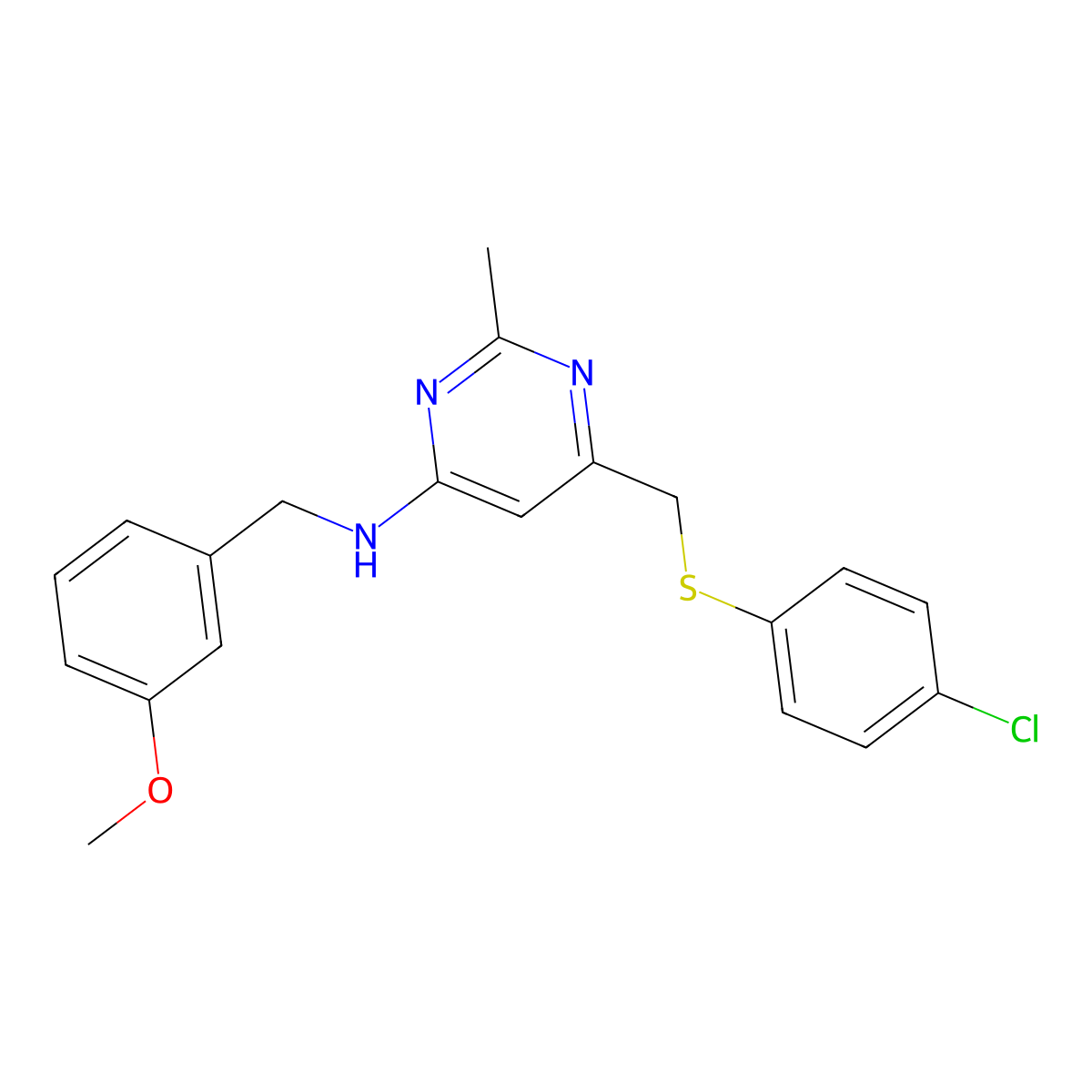 N-(6-{[(4-chlorophenyl)sulfanyl]methyl}-2-methyl-4-pyrimidinyl)-N-(3-methoxybenzyl)amine molecular structure, CAS 339278-87-4