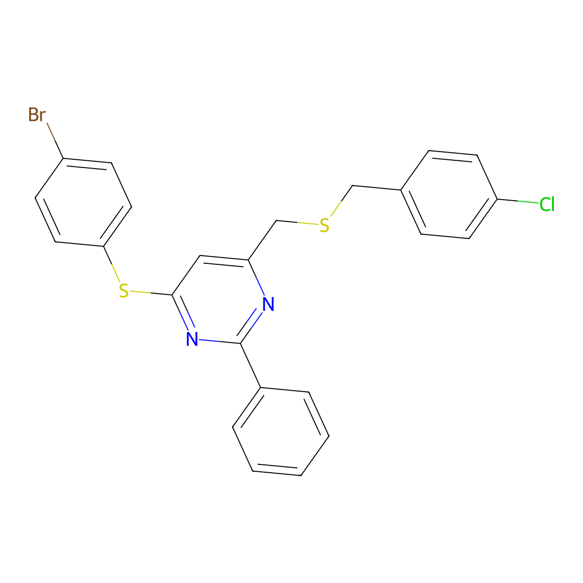 4-((4-Bromophenyl)sulfanyl)-6-(((4-chlorobenzyl)sulfanyl)methyl)-2-phenylpyrimidine molecular structure, CAS 339279-27-5