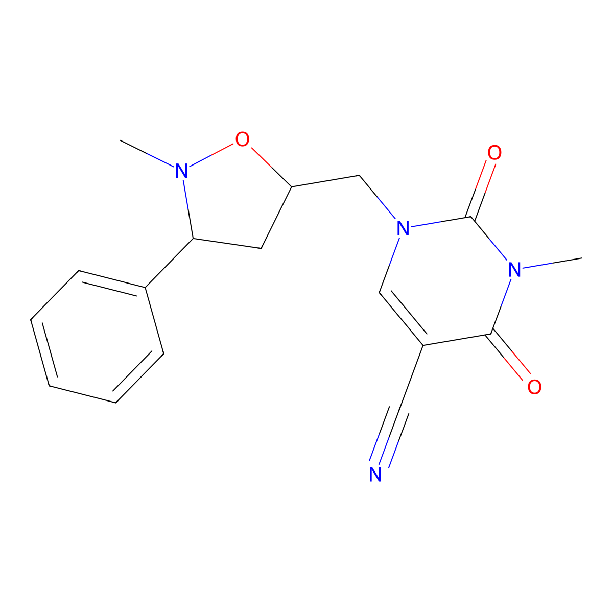 3-Methyl-1-[(2-methyl-3-phenyltetrahydro-5-isoxazolyl)methyl]-2,4-dioxo-1,2,3,4-tetrahydro-5-pyrimidinecarbonitrile molecular structure, CAS 339279-32-2