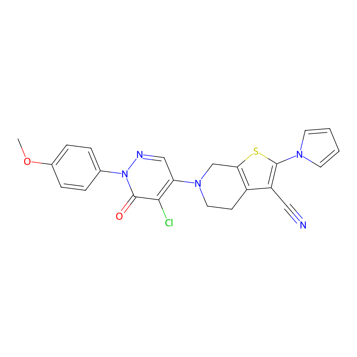 6-(5-Chloro-1-(4-methoxyphenyl)-6-oxo-1,6-dihydro-4-pyridazinyl)-2-(1H-pyrrol-1-yl)-4,5,6,7-tetrahydrothieno[2,3-c]pyridine-3-carbonitrile molecular structure, CAS 339279-35-5