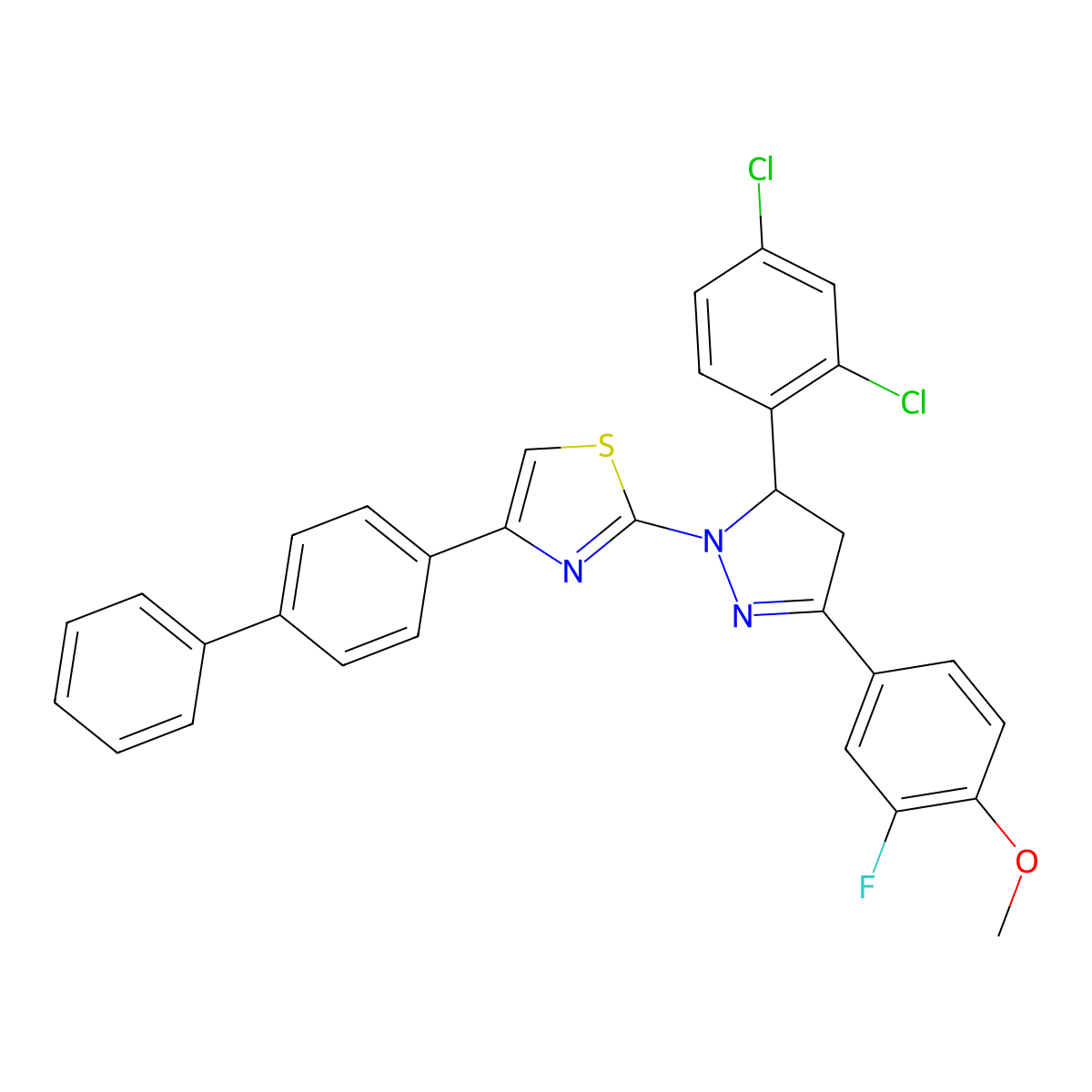 2-[3-(2,4-Dichlorophenyl)-5-(3-fluoro-4-methoxyphenyl)-3,4-dihydropyrazol-2-yl]-4-(4-phenylphenyl)-1,3-thiazole molecular structure, CAS 339293-10-6