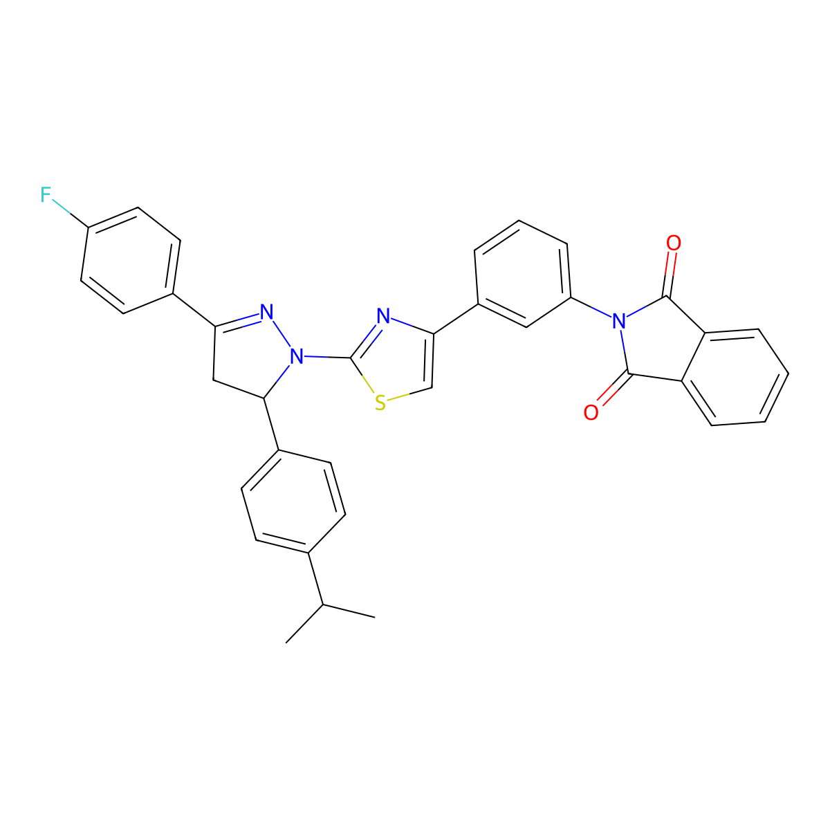2-[3-[2-[5-(4-Fluorophenyl)-3-(4-propan-2-ylphenyl)-3,4-dihydropyrazol-2-yl]-1,3-thiazol-4-yl]phenyl]isoindole-1,3-dione molecular structure, CAS 339314-27-1