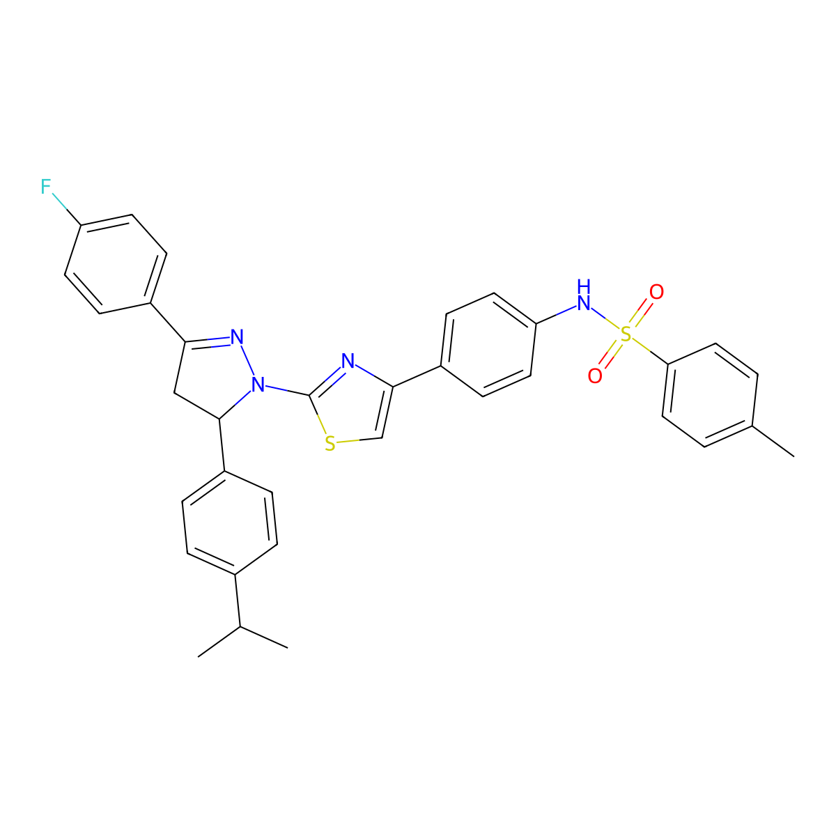 N-[4-[2-[5-(4-fluorophenyl)-3-(4-propan-2-ylphenyl)-3,4-dihydropyrazol-2-yl]-1,3-thiazol-4-yl]phenyl]-4-methylbenzenesulfonamide molecular structure, CAS 339314-31-7