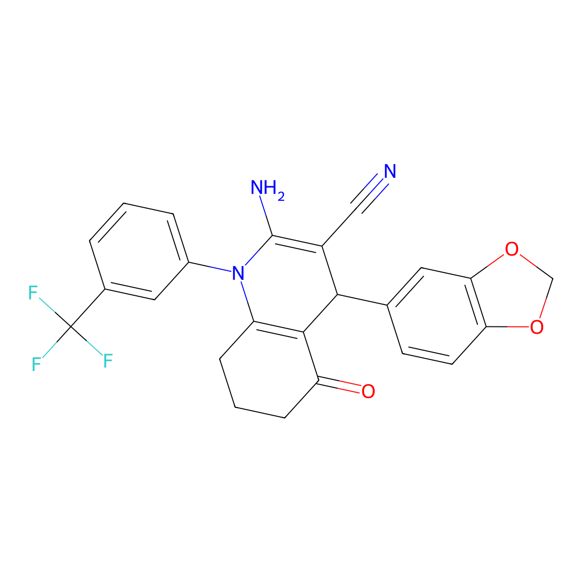 2-Amino-4-(1,3-benzodioxol-5-YL)-5-oxo-1-(3-(trifluoromethyl)phenyl)-1,4,5,6,7,8-hexahydro-3-quinolinecarbonitrile molecular structure, CAS 339318-77-3