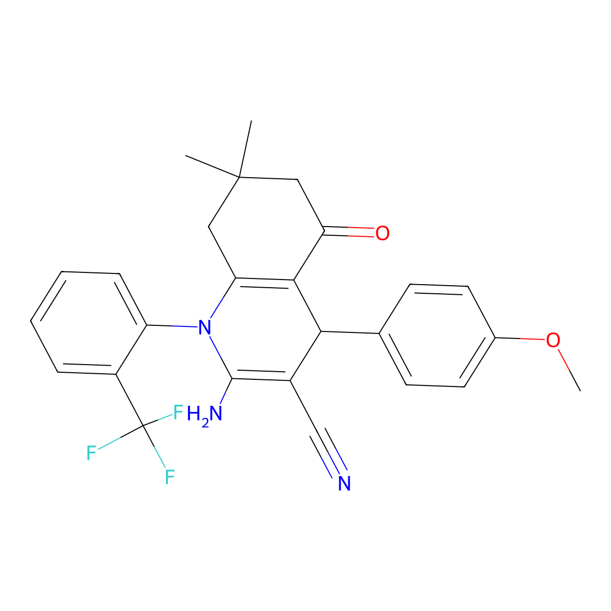 2-Amino-4-(4-methoxyphenyl)-7,7-dimethyl-5-oxo-1-[2-(trifluoromethyl)phenyl]-1,4,5,6,7,8-hexahydro-3-quinolinecarbonitrile molecular structure, CAS 339336-46-8
