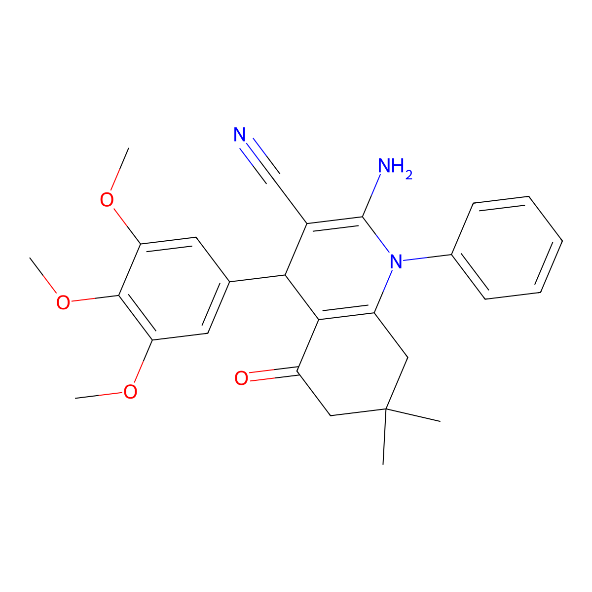 2-Amino-7,7-dimethyl-5-oxo-1-phenyl-4-(3,4,5-trimethoxyphenyl)-1,4,5,6,7,8-hexahydro-3-quinolinecarbonitrile molecular structure, CAS 339336-48-0