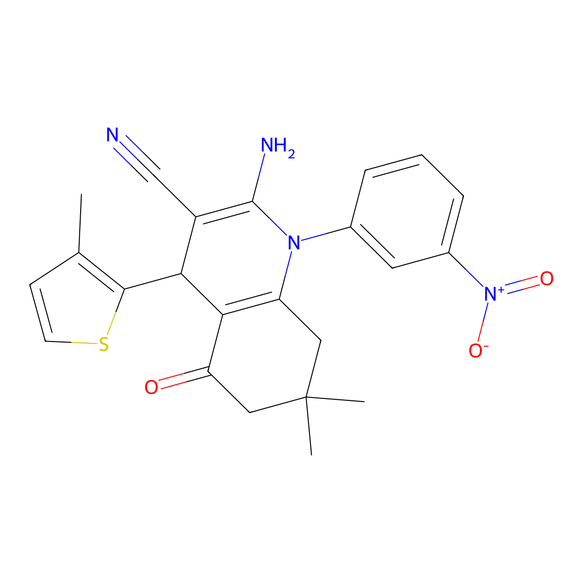 2-Amino-7,7-dimethyl-4-(3-methyl-2-thienyl)-1-(3-nitrophenyl)-5-oxo-1,4,5,6,7,8-hexahydro-3-quinolinecarbonitrile molecular structure, CAS 339336-51-5