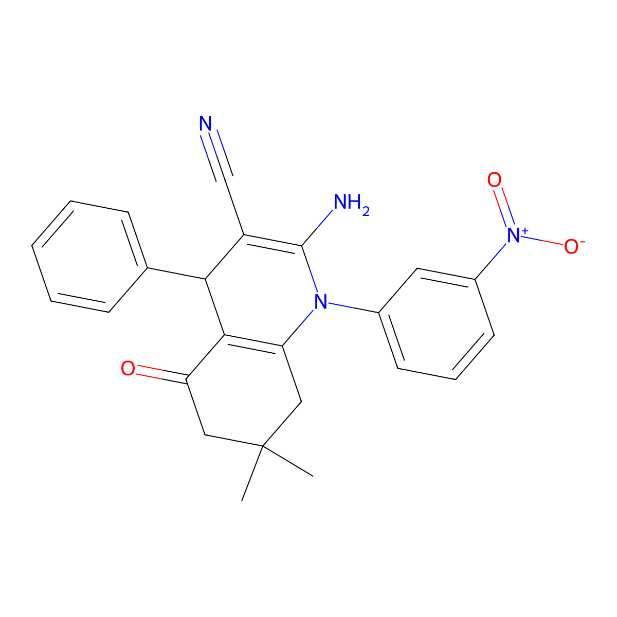 2-Amino-7,7-dimethyl-1-(3-nitrophenyl)-5-oxo-4-phenyl-1,4,5,6,7,8-hexahydro-3-quinolinecarbonitrile molecular structure, CAS 339336-55-9